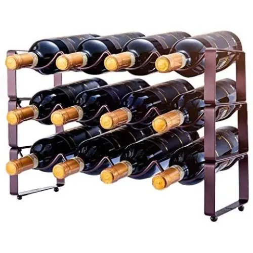 3 Tier Stackable Wine Rack, Countertop Cabinet Wine Holder Storage Stand - Hold 12 Bottles, Metal (Bronze)