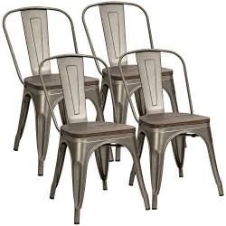 Metal Dining Chairs with Wood Seat, Tolix Style Indoor-Outdoor Stackable Industrial Chair with Back Set of 4 for Kitchen, Dining Room, Bistro and Cafe (Gun)