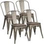 Metal Dining Chairs with Wood Seat, Tolix Style Indoor-Outdoor Stackable Industrial Chair with Back Set of 4 for Kitchen, Dining Room, Bistro and Cafe (Gun)
