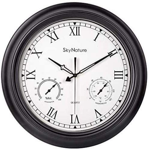 Large Outdoor Clock, 18 Inch Waterproof Clock with Temperature and Humidity Combo, Silent Battery Operated Roman Numerals Clock for Living Room, Patio, Garden, Pool Decor - Metal, Matte Black