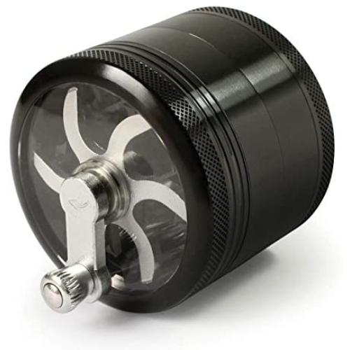 MasterGrind Mill 4 Piece Herb Grinder - Crank Handle Pollen Catcher - Large 2.5 Inch Black Aluminum