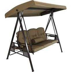 Sunnydaze 3-Person Outdoor Patio Swing Bench with Adjustable Tilt Canopy, Durable Steel Metal Frame, Cushions and Pillow Included, Beige