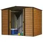 Arrow Woodridge Low Gable Steel Storage Shed, Coffee/Woodgrain 8 x 6 ft.