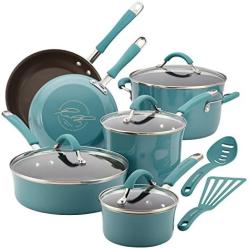 Rachael Ray Cucina Nonstick Cookware Pots and Pans Set, 12 Piece, Agave Blue