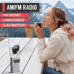 PowerBear Portable Radio | AM/FM, 2AA Battery Operated with Long Range Reception for Indoor, Outdoor & Emergency Use | Radio with Speaker & Headphone Jack (Silver)