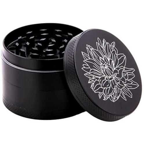 DCOU New Design Premium Zinc Alloy Herb Grinder 2.2 Inches 4 Piece Metal Grinder with Pollen Catcher with Carved Flower (Black)