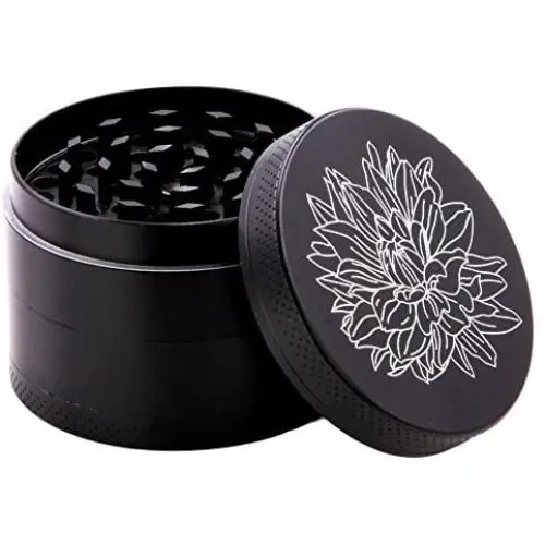 DCOU New Design Premium Zinc Alloy Herb Grinder 2.2 Inches 4 Piece Metal Grinder with Pollen Catcher with Carved Flower (Black)