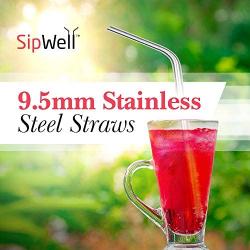 SipWell 9.5mm Bent Wide Stainless Steel Drinking Straws, 4-Pack – Rust Proof Metal Straws w/Cleaning Brushes – Perfect for Smoothies & Cold Beverages