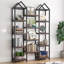 Tribesigns Rustic Triple Wide Bookshelf, 12 Open Shelves Etagere Bookcase Vintage Industrial Book Shelves Wood and Metal Display Shelf Storage Organizer for Home Office (Rustic Brown)