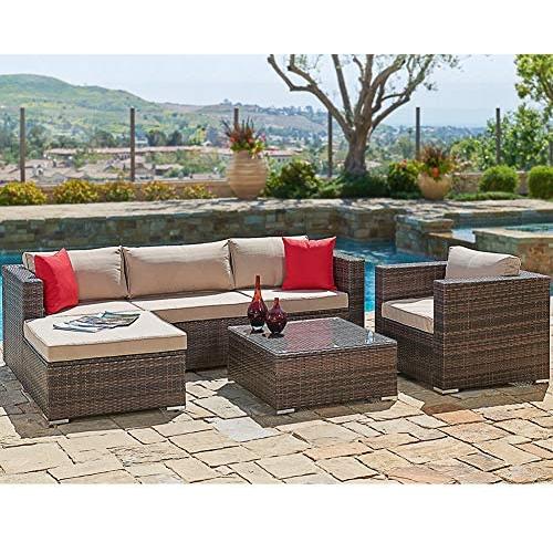 SUNCROWN Outdoor Patio Furniture Sectional Sofa and Chair (6-Piece Set) All-Weather Brown Wicker with Seat Cushion and Modern Glass Coffee Table, Garden, Backyard, Pool, Waterproof Cover