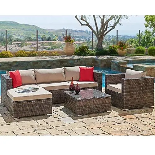 SUNCROWN Outdoor Patio Furniture Sectional Sofa and Chair (6-Piece Set) All-Weather Brown Wicker with Seat Cushion and Modern Glass Coffee Table, Garden, Backyard, Pool, Waterproof Cover