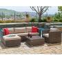 SUNCROWN Outdoor Patio Furniture Sectional Sofa and Chair (6-Piece Set) All-Weather Brown Wicker with Seat Cushion and Modern Glass Coffee Table, Garden, Backyard, Pool, Waterproof Cover