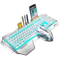 Wireless Keyboard and Mouse,Blue LED Backlit Rechargeable Keyboard Mouse with 3800mAh Battery Metal Panel,Removable Hand Rest Mechanical Feel Keyboard and 7 Color Gaming Mute Mouse for PC Gamers