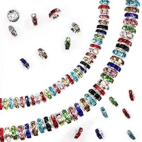 TOAOB 400pcs Assorted Colors Crystal Rondelle Spacer Beads 6mm 8mm Silver Tone Metal Rhinestone Loose Beads for Bracelets Necklaces Jewelry Making
