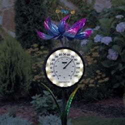 Exhart Solar Spinning Purple Lotus Flowers w/Solar Powered Thermometer LED Lights Garden Stake - Flower Stake Decorative Yard Décor – Durable, Metal & Plastic Stake for Outdoor Décor, 8.5”x8.5”x38”