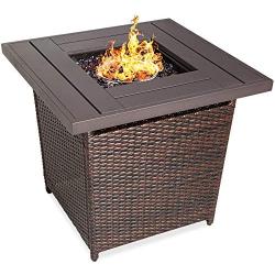 Best Choice Products 28in Fire Pit Table 50,000 BTU Outdoor Wicker Patio Propane Gas w/Faux Wood Tabletop, Glass Beads, Cover, Hideaway Tank Holder, Lid – Brown