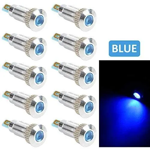 FICBOX 10Pcs LED Indicator Light 12V 5/16 Inch 8mm Metal Shell Panel Mount Signal Pilot Dash Directional Lights for Motorcycle Car Truck Boat (Blue)