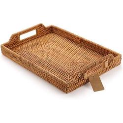 DECRAFTS Hand-Woven Rattan Rectangular Serving Tray with Handles for Breakfast, Drinks, Snack for Coffee Table (14.5x10.2x1.4inches)