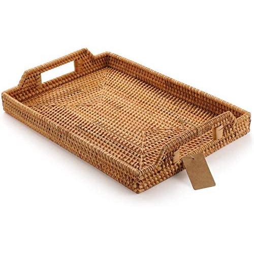 DECRAFTS Hand-Woven Rattan Rectangular Serving Tray with Handles for Breakfast, Drinks, Snack for Coffee Table (14.5x10.2x1.4inches)