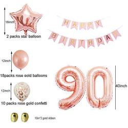 Rose Gold 90th Birthday Decorations Party Supplies Kit for Women,Men,Adult-Gold Metallic Foil Curtain-Confetti Latex Balloons as Photo Booth,Table and Wall Backdrop