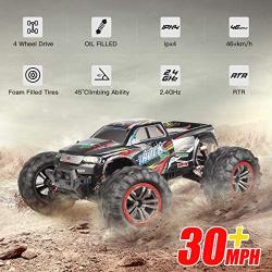 Hosim Large Size 1:10 Scale High Speed 30MPH 4WD 2.4Ghz Remote Control Truck Upgraded 9125 Waterproof RC Offroad Car Boys Electric Monster Truck for Kids and Adults| 2 Batteries | 6 Oil Filled Shocks|