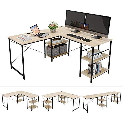 Bestier 95.5''L-shaped Desk with Storage Shelves,Adjustable 2 Person Desk L- shaped Corner Computer desk or Extra Long Desk with Shelves, Multi-Usage LargeTables Desk for Home Office Gaming Study (Oak)