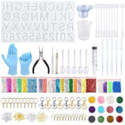 Sntieecr 320 Pieces Alphabet Resin Silicone Casting Molds Kits with Letter Number Resin Molds, Glitter Powder, Epoxy Tools and Metal Accessories for DIY Keychains and Craft Making