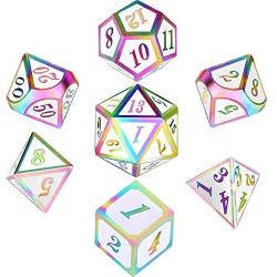 Polyhedral Metal Dices Set Zinc Alloy with Enamel Solid Metal for DND Game, Tabletop RPG, Dungeons and Dragons, Math Teaching, 7 Pieces Dice Set with Black Velvet Bag (Electrophoretic Colorful White)