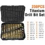 EnerTwist Titanium Drill Bit Kit Set for Metal and Wood 230-Piece - Anti-Walking 135° Tip Coated HSS from 3/64'' up to 1/2 Inch, ET-DBA-230B