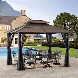 Sunjoy A102009100 Lindsay 10x12 ft. Steel Gazebo with 2-Tier Hip Roof Hardtop, Brown