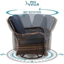 PHI VILLA Rattan Swivel Rocking Chairs 3 PC Patio Conversation Set, 2 Cushioned Chairs & 1 Side Table