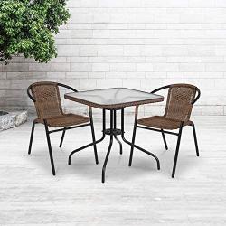 Flash Furniture 28 Square Tempered Glass Metal Table with Dark Brown Rattan Edging