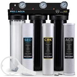 PRO+AQUA ELITE Whole House Water Filter 3 Stage Well Water Filtration System w/Gauges, PR Button, 1” Ports, Filter Set