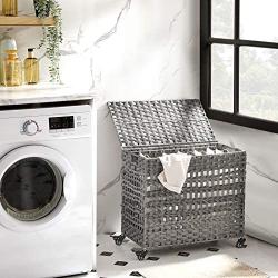 SONGMICS Handwoven Laundry Hamper, Rattan-Style Laundry Basket with 3 Removable Bags, Handles, Laundry Sorter with Lid, for Living Room, Bathroom, Laundry Room, Gray ULCB083G02