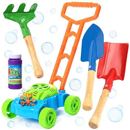 Bubble Lawn Mower Bundle with Kids Shovel and Rake Gardening Tools Set Features Metal Kids Shovel with Wooden Handles & Battery Operated Bubble Mower