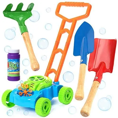 Bubble Lawn Mower Bundle with Kids Shovel and Rake Gardening Tools Set Features Metal Kids Shovel with Wooden Handles & Battery Operated Bubble Mower