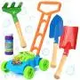 Bubble Lawn Mower Bundle with Kids Shovel and Rake Gardening Tools Set Features Metal Kids Shovel with Wooden Handles & Battery Operated Bubble Mower