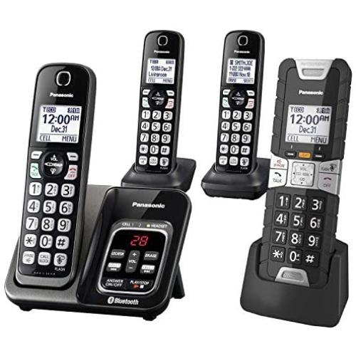 Panasonic Rugged Link2Cell Bluetooth Cordless Phone with Voice Assist, One-Touch Call Block and Answering Machine - 3 Standard Handsets + 1 Rugged Handset - KX-TGD584M2 (Black) Panasonic Rugged Link2Cell Bluetooth Cordless Phone with Voice Assist, One-Touch Call Block and Answering Machine - 3 Standard Handsets + 1 Rugged Handset - KX-TGD584M2 (Black)