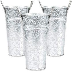 Galvanized Metal Vase 3 Pack - 9 Inch Tall Rustic Farmhouse Bucket Planter Pots for Decor