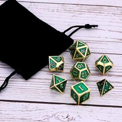 Hestya 7 Pieces Metal Dices Set DND Game Polyhedral Solid Metal D&D Dice Set with Storage Bag and Zinc Alloy with Enamel for Role Playing Game Dungeons and Dragons, Math Teaching (Gold Edge Green)