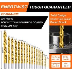 EnerTwist Titanium Drill Bit Kit Set for Metal and Wood 230-Piece - Anti-Walking 135° Tip Coated HSS from 3/64'' up to 1/2 Inch, ET-DBA-230B