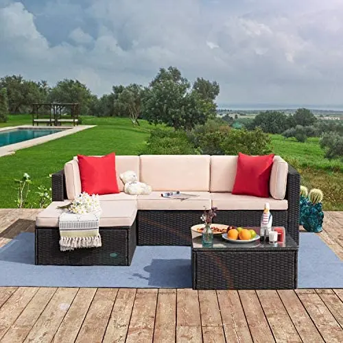 Tuoze 5 Pieces Patio Furniture Sectional Set Outdoor PE Rattan Wicker Lawn Conversation Sets Cushioned Garden Sofa Set with Glass Coffee Table (Beige) Tuoze 5 Pieces Patio Furniture Sectional Set Outdoor PE Rattan Wicker Lawn Conversation Sets Cushioned Garden Sofa Set with Glass Coffee Table (Beige)