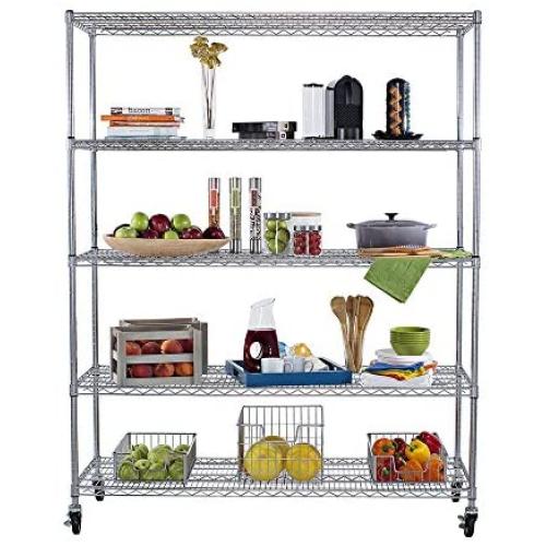 TRINITY TBFC-0904 5-Tier NSF Heavy Duty X-Large Wire Shelving Rack with Wheels, 60'' x 24'' x 72'', Chrome TRINITY TBFC-0904 5-Tier NSF Heavy Duty X-Large Wire Shelving Rack with Wheels, 60'' x 24'' x 72'', Chrome