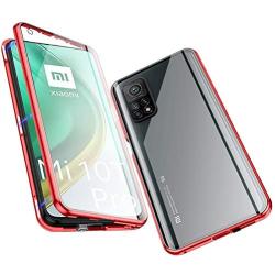 Jonwelsy Magnetic Adsorption Case for Xiaomi Mi 10T/mi 10T pro, 360 Degree Front and Back Clear Tempered Glass Flip Cover, Metal Bumper Frame for 10T (Red)