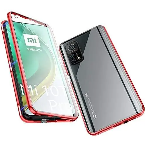 Jonwelsy Magnetic Adsorption Case for Xiaomi Mi 10T/mi 10T pro, 360 Degree Front and Back Clear Tempered Glass Flip Cover, Metal Bumper Frame for 10T (Red)