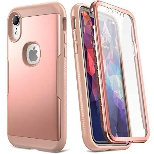 YOUMAKER Metallic Designed for iPhone XR Case, Full Body Rugged with Built-in Screen Protector Slim Fit Shockproof Cover for iPhone XR 6.1 Inch - Rose Gold/Pink