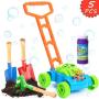 Bubble Lawn Mower Bundle with Kids Shovel and Rake Gardening Tools Set Features Metal Kids Shovel with Wooden Handles & Battery Operated Bubble Mower