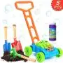 Bubble Lawn Mower Bundle with Kids Shovel and Rake Gardening Tools Set Features Metal Kids Shovel with Wooden Handles & Battery Operated Bubble Mower