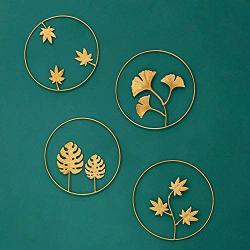 Tinsow 9.5 Inch Iron Wall Sculptures,Gold Metal Ginkgo, Maple, Monstera Leaf Wall Decor Round Wall Ornaments,Easy Installation Great for Bedroom Hanging Parts Hotel Wall Decoration (Gold, 4)