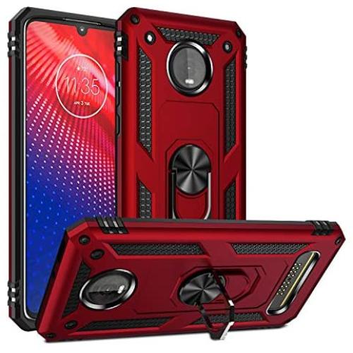 Rebex Compatible with Moto Z4 Case,Moto Z4 Play Case,Moto z4 Force Case Cover, Tough Heavy Protective 360 Metal Rotating Ring Kickstand Holder Grip Magnetic Metal Armor Heavy Duty Shockproof (Red)